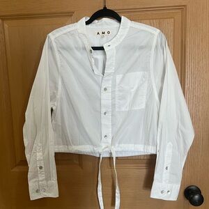 AMO Denim Mandarin Collar Button-Up Shirt with Drawstring Hem